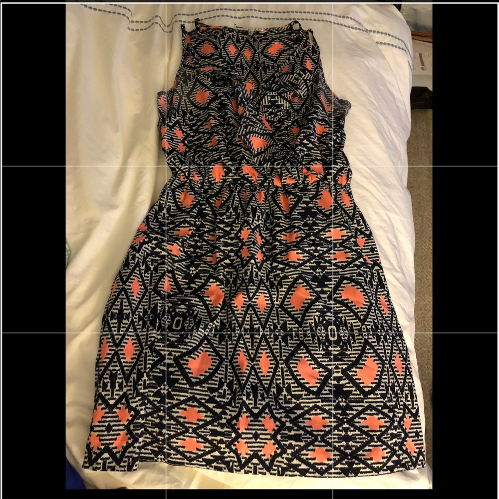 Neon orange/pink and navy sleeveless dress